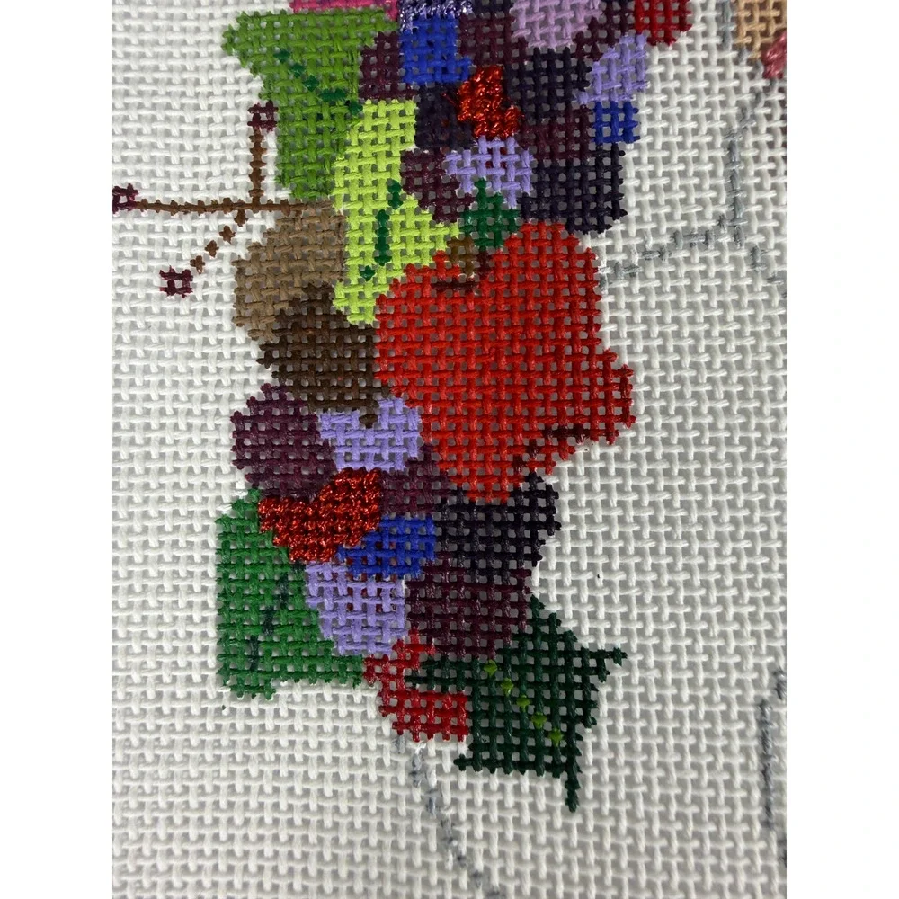 Needle Graphics Hand Painted Needlepoint Canvas Floral Santa Wreath Started WIP